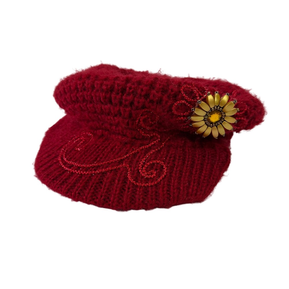 Handmade Knit Beanie Hat Red Floral‎ Embellished Winter Warm Cap